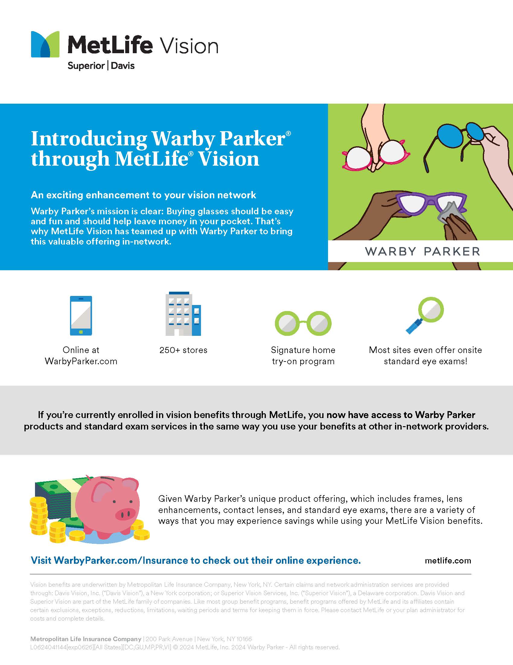 Flyer about Warby Parker through MetLife Vision plan