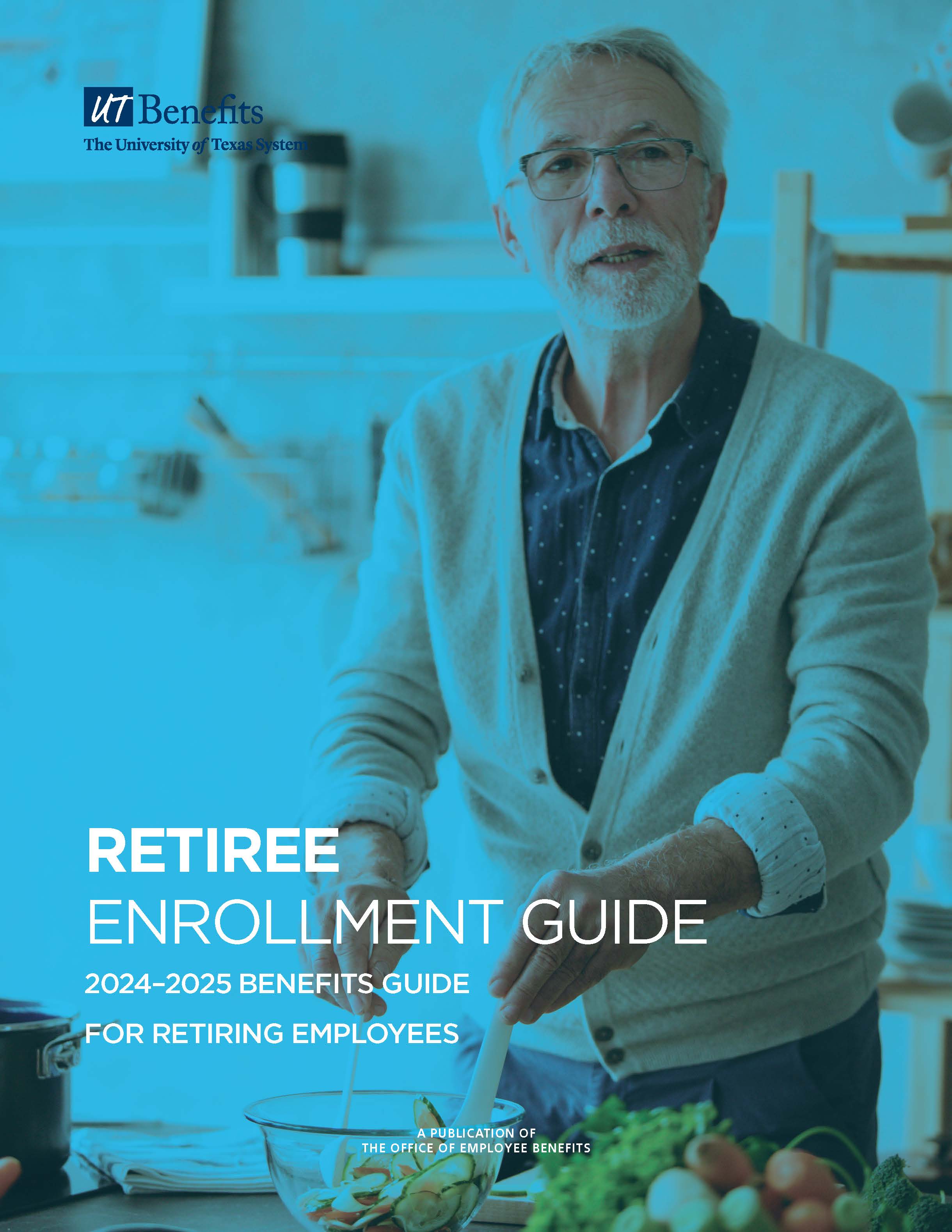 Retiree Enrollment Guide cover with a retiree cooking in the kitchen