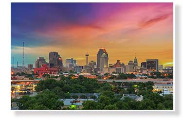 Skyline of San Antonio at the evening hour with brilliant colored sky