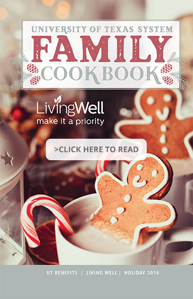 Book cover reads `University of Texas System Family Cookbook`