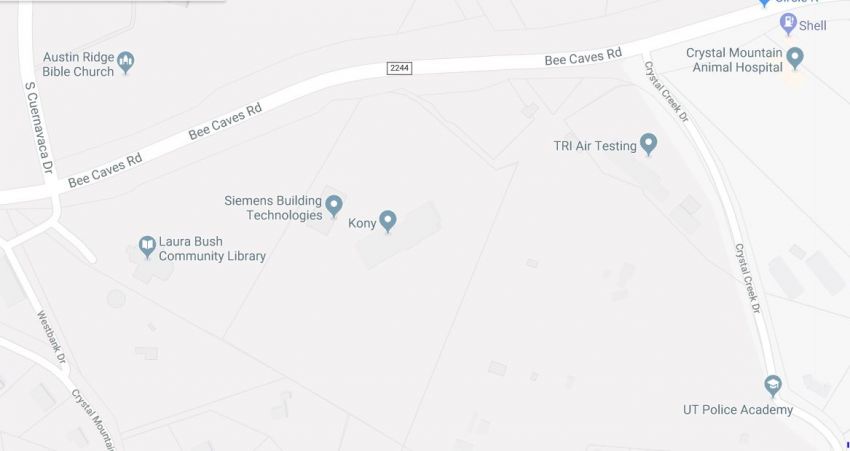 Google map screenshot with the Policy Academy located on Crystal creek Drive off of Bee Caves Road.